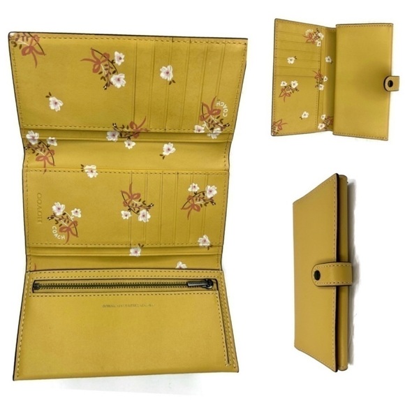 Coach Sunflower Glovetanned Leather Wallet Hay Color Floral Glitter Bow Yellow - Picture 2 of 4